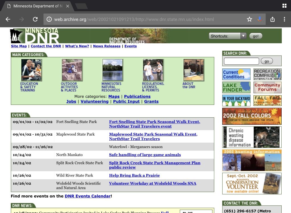 Screenshot of MN DNR homepage