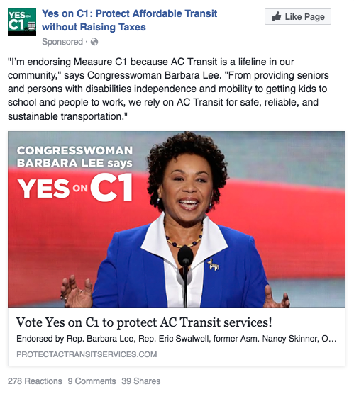 Yes on C1 Facebook ad - Barbara Lee endorsement