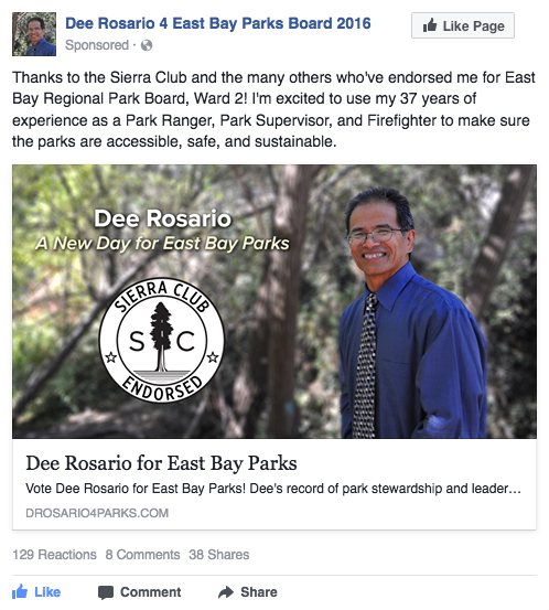 Dee Rosario for East Bay Parks Board Facebook ad - Sierra Club endorsement