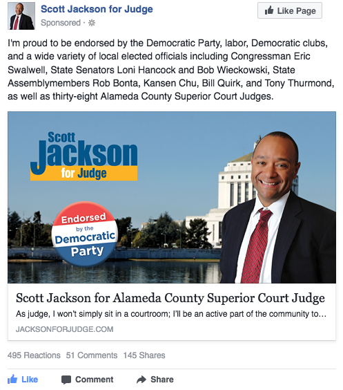 Scott Jackson for Judge Facebook ad - Democratic Party endorsement