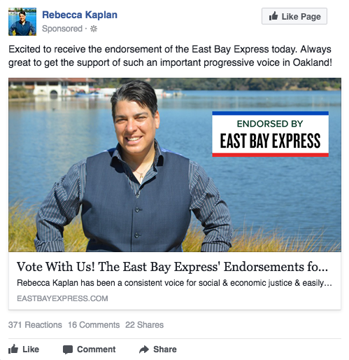 Rebecca Kaplan Facebook ad - East Bay Express endorsement