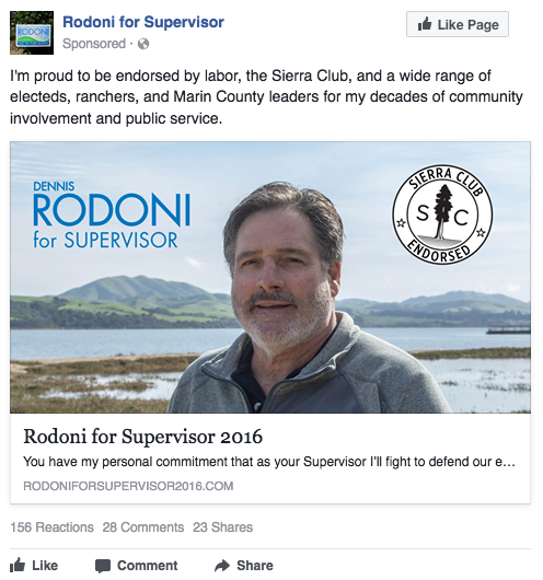 Dennis Rodoni for Supervisor Facebook ad - Sierra Club endorsement