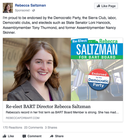 Rebecca Saltzman Facebook ad - Dem endorsement