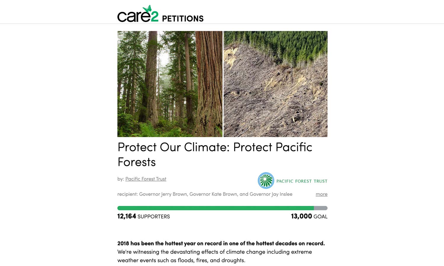 Image of Care2 petition for Pacific Forest Trust